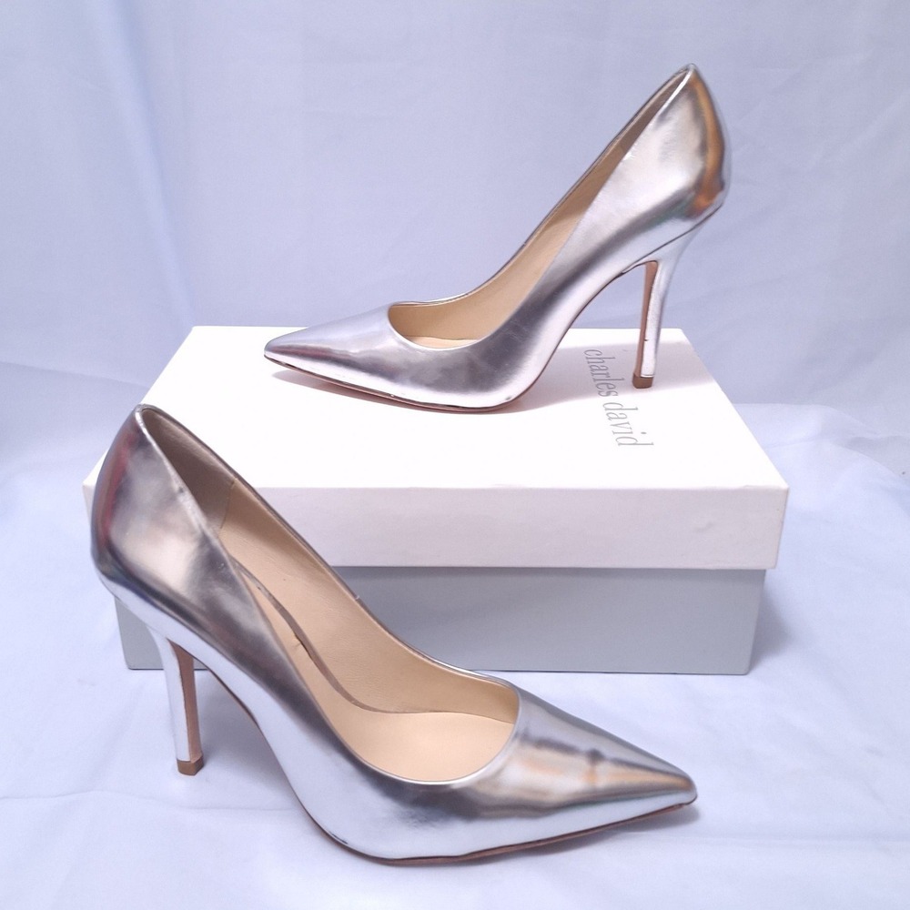 Charles David Sway Silver‎ Mirror Pointed Toe Stiletto Heels Pumps Sz 6 Y2K Gala